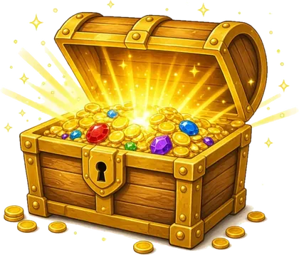 An open treasure chest overflowing with gold and gems