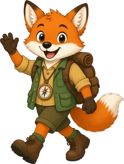 Ollie the fox, in an explorer's vest and backpack, walking and waving hello