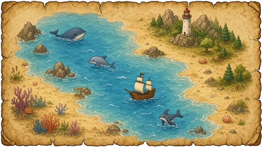 A hand-drawn treasure map of a sparkling sea with a little ship, a lighthouse and friendly whales